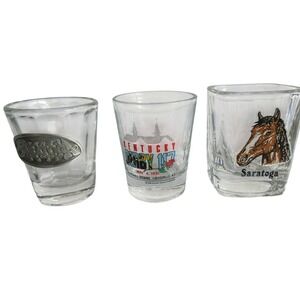 Vintage Horse Racing Shot Glass Set Kentucky Derby 117 Saratoga 2002 Pewter Logo